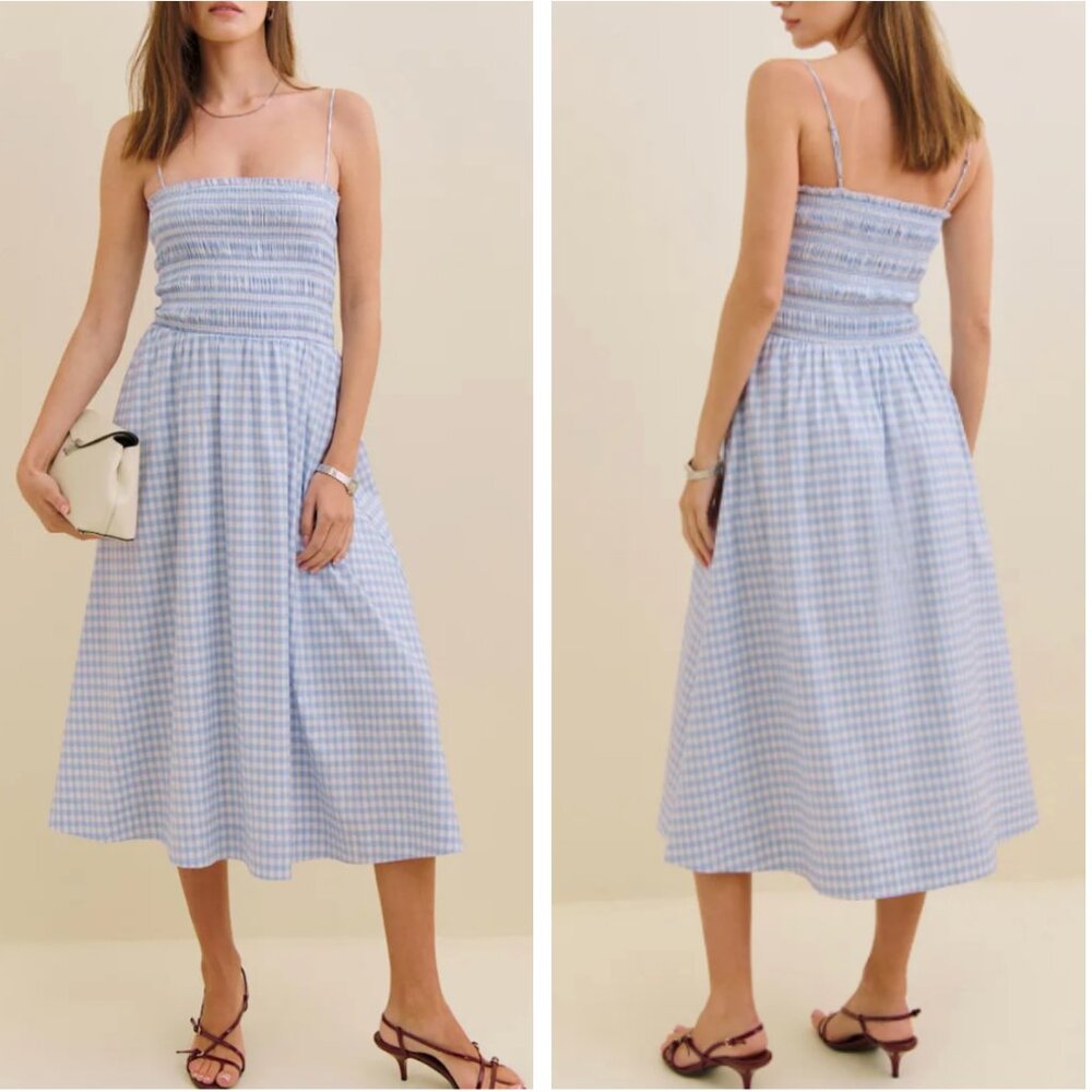 Reformation Kerrie Midi Dress - Crystal Check Blue Ivory Causal Summer Best - Picture 2 of 15